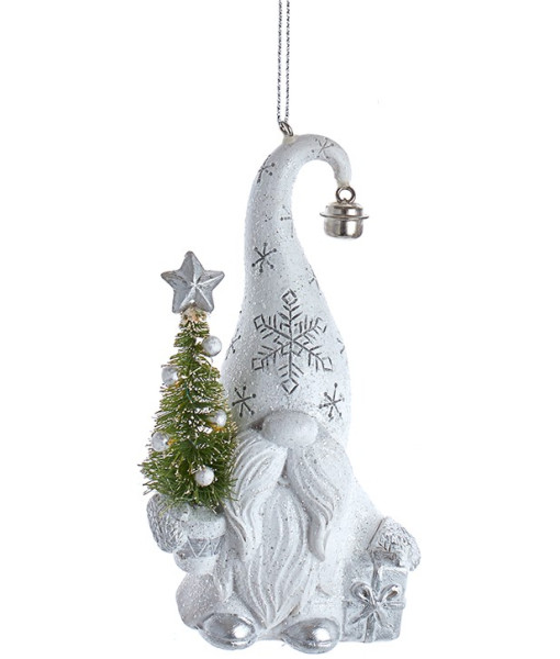 Ornament, Silver and white Gnome, with a miniature Christmas tree