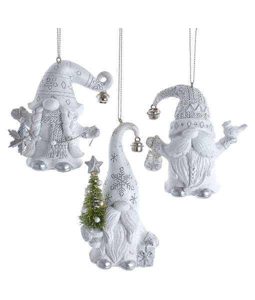 Ornament, Silver and white Gnome, with arms raised and bird in it's hand.