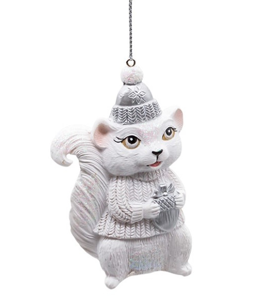 Ornament, Silver and white squirrel, with an acorn