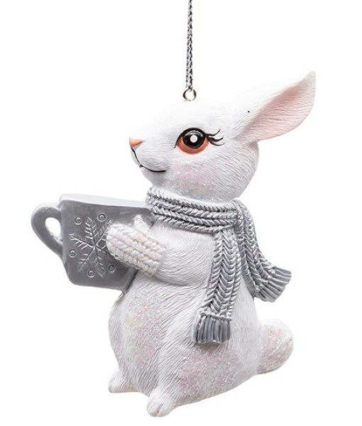 Ornament, Silver and white rabbit, with a hot drink