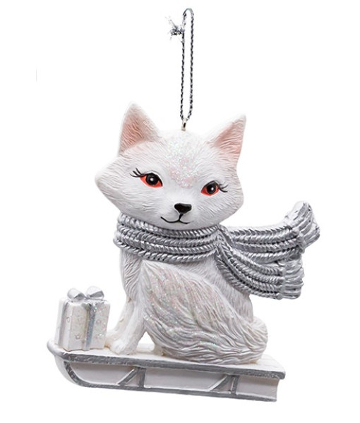 Ornament, Silver and white fox, on a toboggan