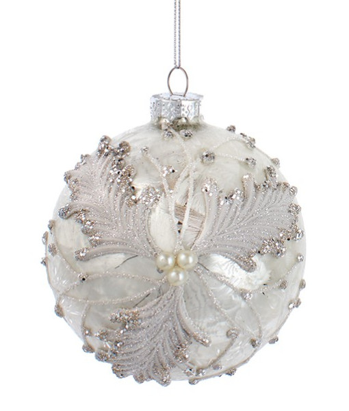 Ornament, Frosted 100mm ball, with ornate oak leaves and pearl like decoration