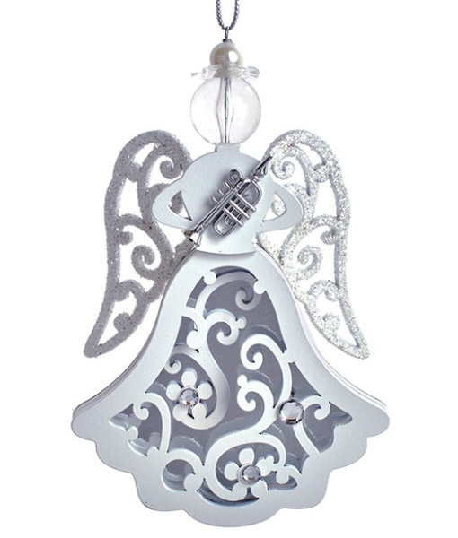Ornament, Angel shape with sparkling wings, carrying a trumpet