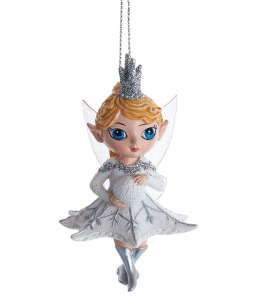 Ornament, blue eyed elvish child, with snowball