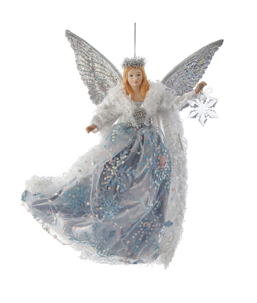 Ornament, Angel in silver and lavender gown, measures 12
