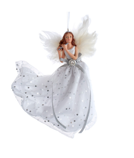 Ornament, Angel in a silver and white gown, measures 7 inches.