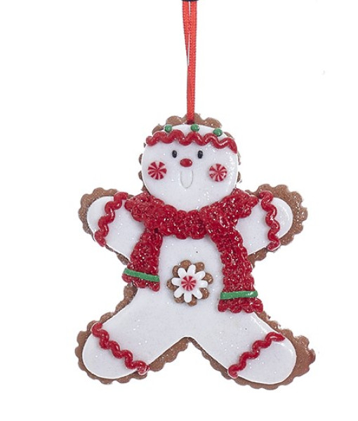 Ornement, bonhomme de neige en pain d’épice avec écharpe rouge
