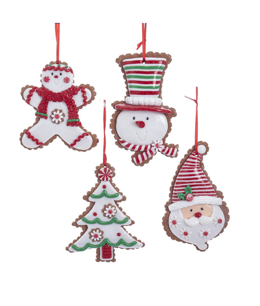 Ornement, biscuit en pain d’épice, Père Noël avec chapeau à rayures rouges et blanches
