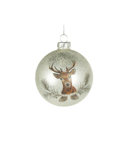 Glass ball ornament, woodland deer with pine cones