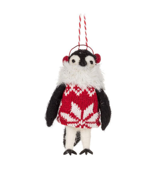 Xmas tree ornament,  woolly penguin in a red snowflake sweater