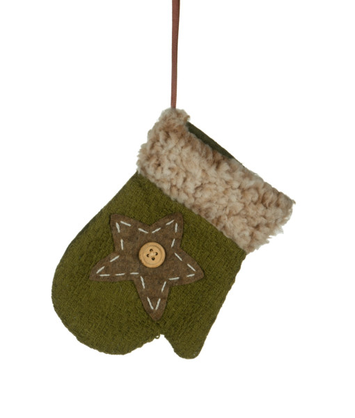 Fabric ornament, green mitten with star motif