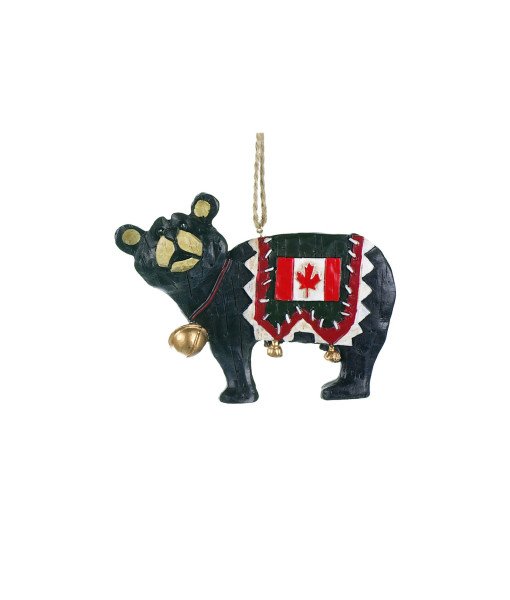 Ornament, with mini bell, black bear on all 4`s  with canadian flag
