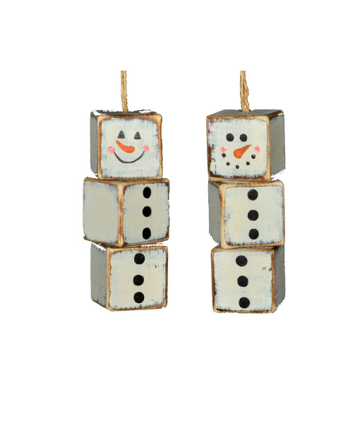 Ornement bonhomme de neige en cube de bois