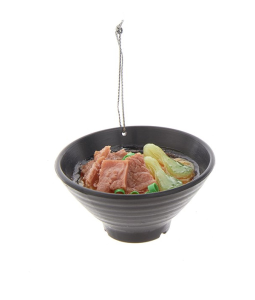 Christmas ornament, bowl of Asian style noodles and beef