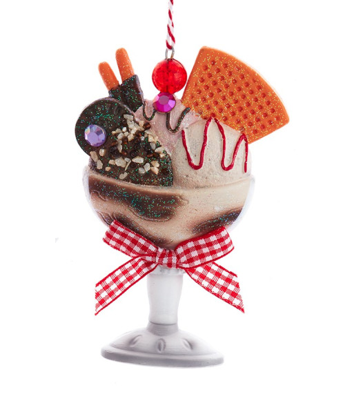 Ornament, Ice Cream Dessert cup, with red plaid ribbon