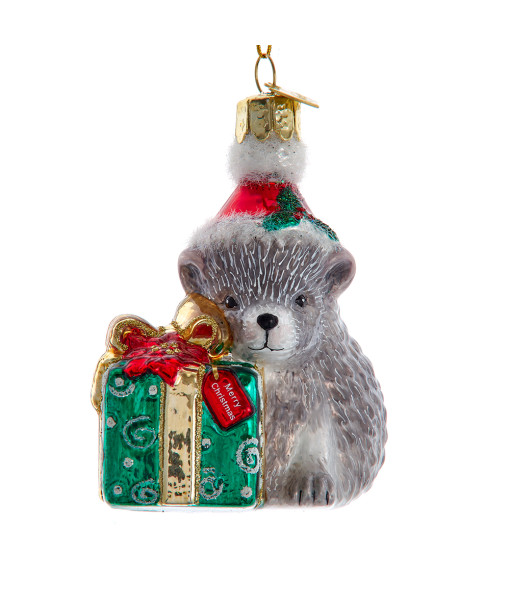 Glass ornament, Cute Hedgehog with Xmas Gift.