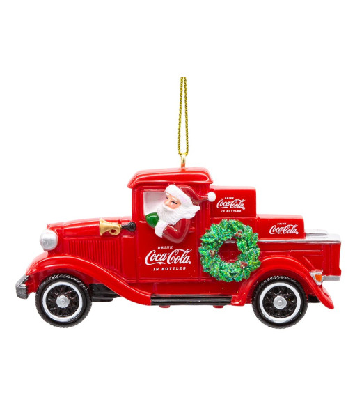 Ornament, red Coca Cola pickup truck with garland, full of Coca Cola