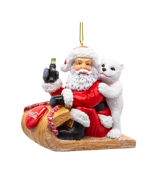 Ornement, Père Noël et ourson polaire sur traîneau avec un Coca Cola