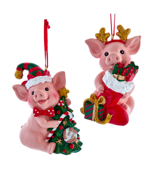 Ornement, cochon qui rit avec sapin de Noël