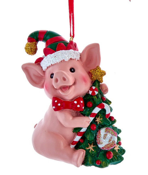 Ornement, cochon qui rit avec sapin de Noël