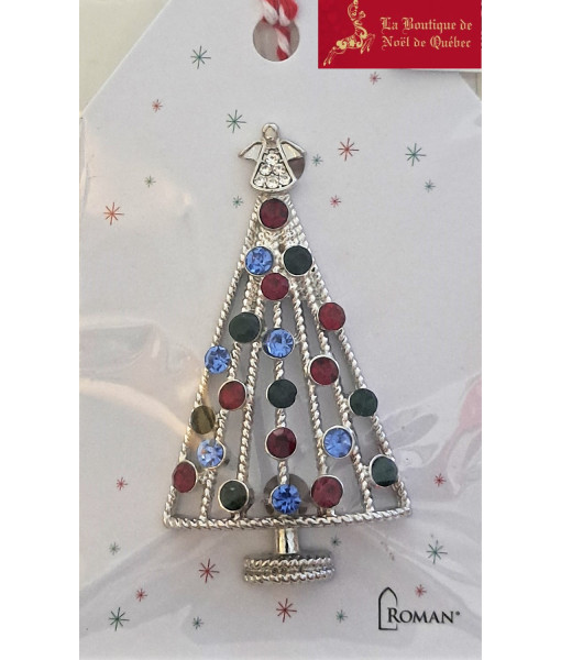 Broche festive en forme d'arbre en métal brillant et verre