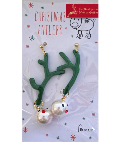 Boucles d'oreilles festives, forme bois de renne, vert