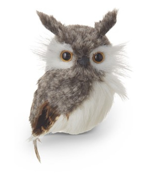 Ornament, little plush Horned Owl, measures 5 inches