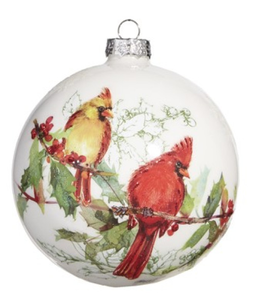 Round glass ornament. A pair of cardinals on holly bough design