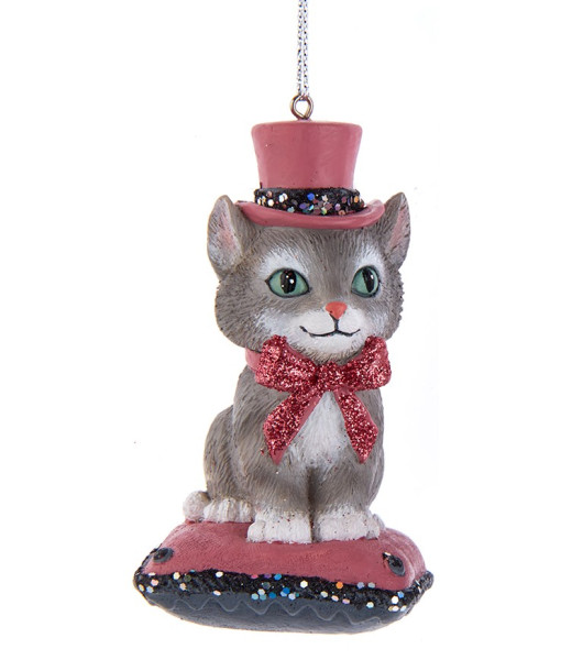 Ornament, Kitten with top hat and a sparkling bow, on a pillow