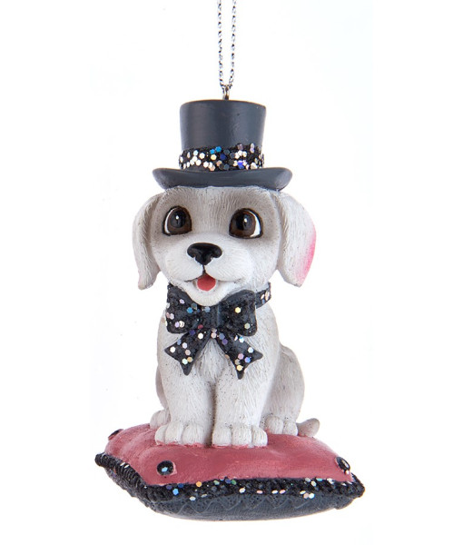 Ornament, Pup with hat and a sparkling bow, on a pillow