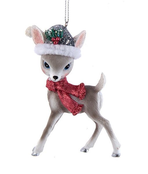 Ornement, cerf rose majestueux, portant un chapeau et une écharpe de Noël