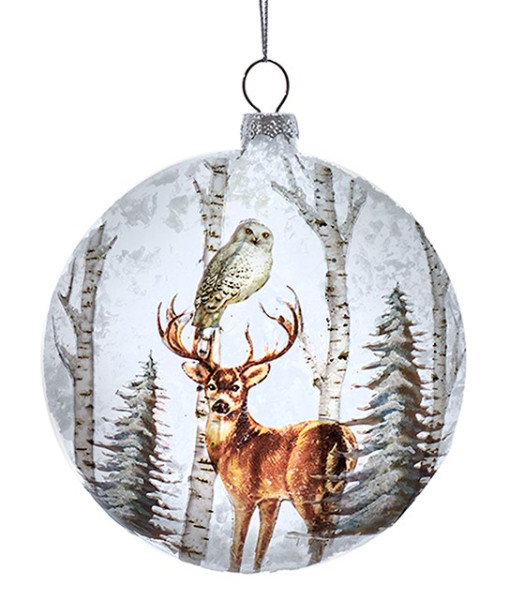 Glass ornament, Woodland scene with snowy owl and deer