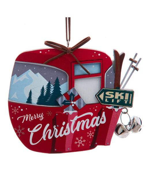 Ornament, Ski liftt cabin, in wood with jingles