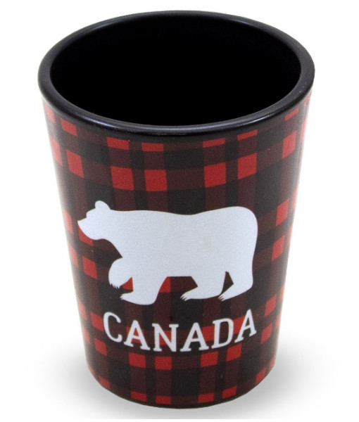 Verre à shot souvenir, avec un motif en tartan écossais de Buffalo et un motif d'ours.