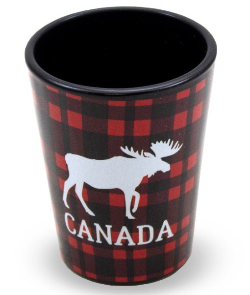Verre à shot souvenir, avec un motif à carreaux de Buffalo et un motif d'élan.
