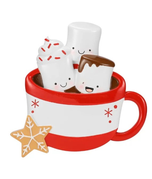 Ornement, trois guimauves dans du chocolat chaud, personnalisable