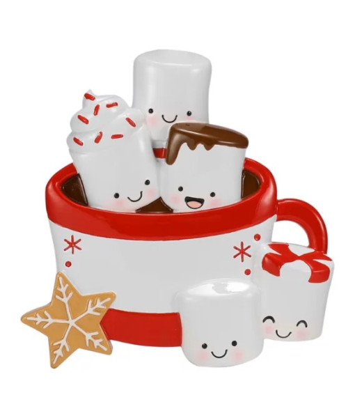 Ornement, cinq guimauves dans du chocolat chaud, personnalisable