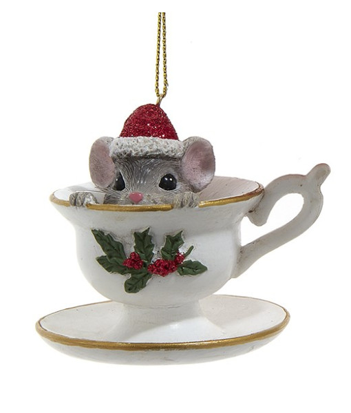 Ornement, souris nostalgique dans une tasse à thé festive