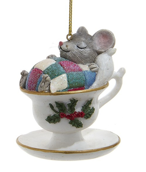 Ornement, Souris Nostalgique Endormie dans une Tasse de Thé.