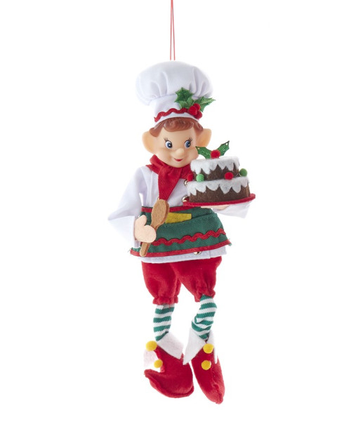 Ornement en tissu, Lutin cuisinier avec gâteau de Noël