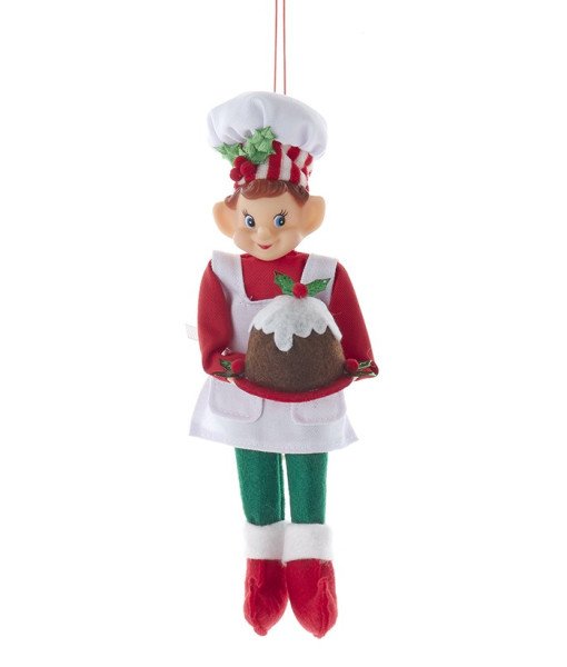 Ornement en tissu, lutin cuisinier avec pudding de Noël