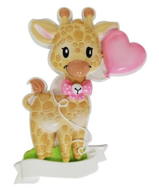 Ornement personnalisable, bébé girafe avec ballon rose