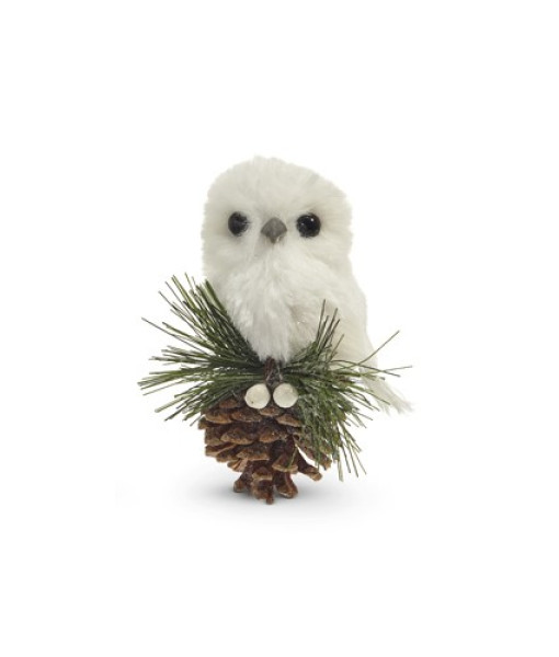 Ornement, Hibou blanc avec pomme de pin et baies blanches