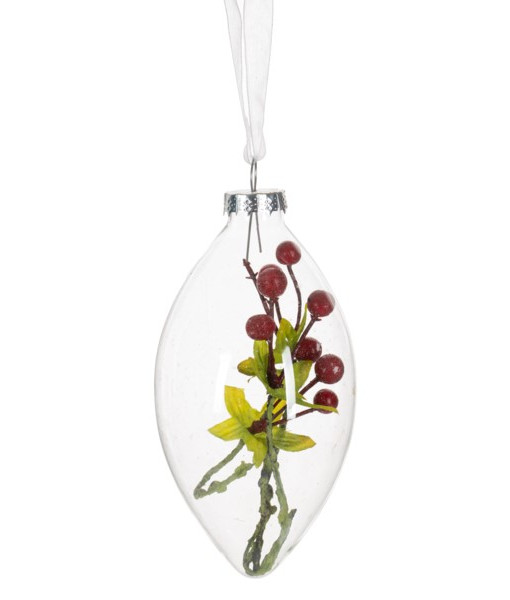 Ornement en verre transparent, avec des branches et des baies de houx rouges.