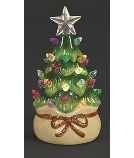 Pièce de table, sapin de Noël éclairé par LED, dans un sac beige
