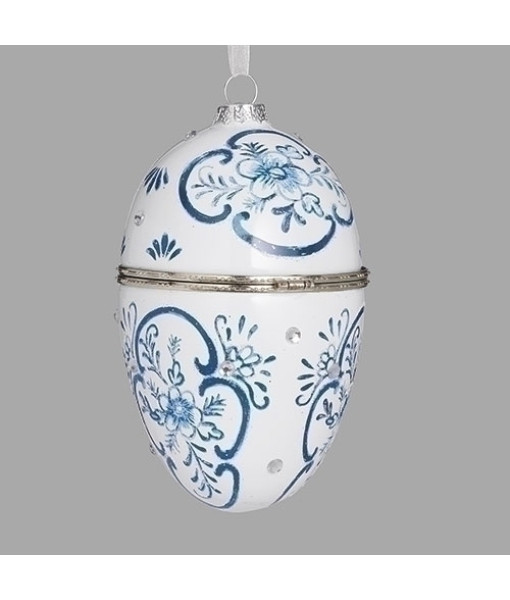 Ornement oeuf Faberge bleu et blanc delft