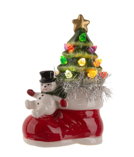Pièce de table, bonhomme de neige avec une grande botte rouge et arbre de Noël, éclairage LED Pièce de table, bonhomme de neige avec une grande botte rouge et arbre de Noël, éclairage LED