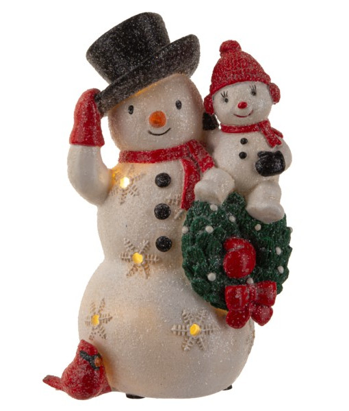 Décoration de table, bonhomme de neige joyeux et enfant. Éclairage LED. Mesure 15 cm