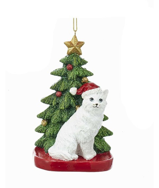 Chat a poils blancs avec sapin de Noël, décoration personnalisable