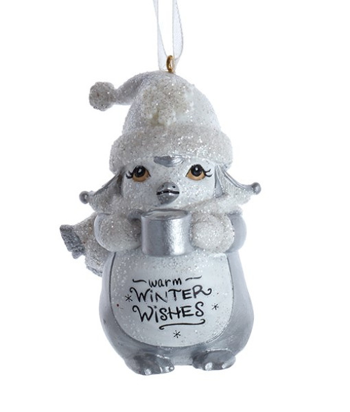 Ornement animal d'hiver, Pingouin avec voeux chaleureux pour l'hiver.